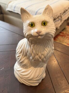 Vintage White Ceramic Cat Figurine with Green Glass Eyes